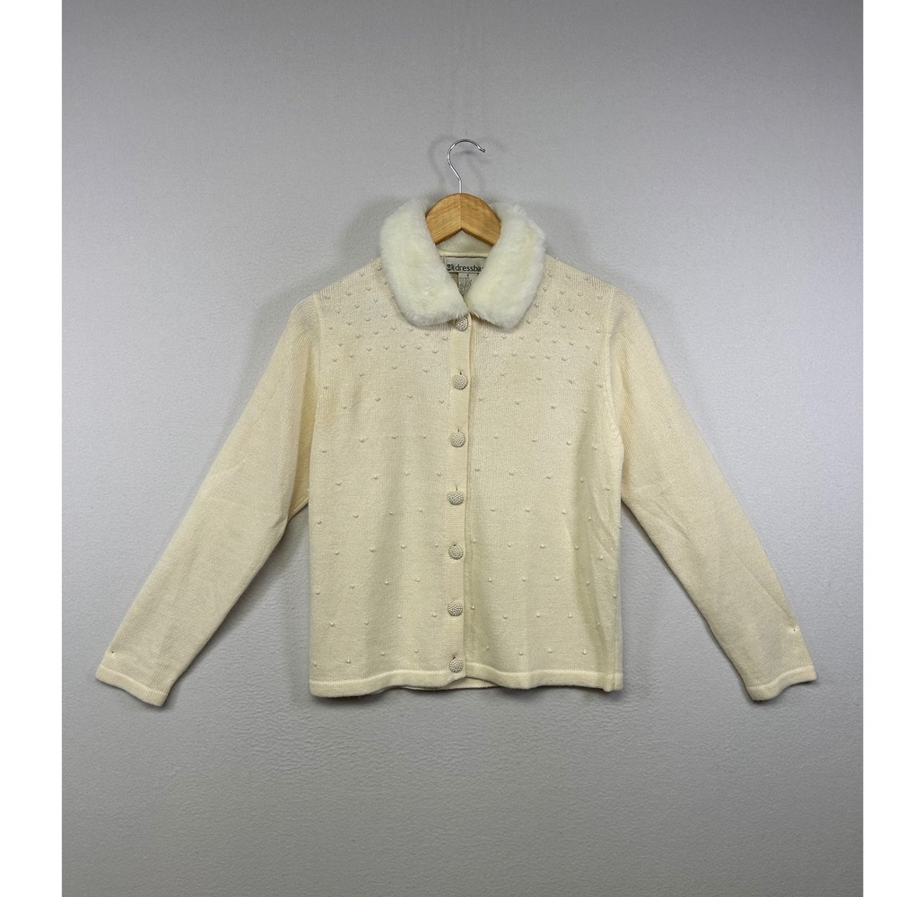 Coquette Dressbarn Womens S Ivory Faux Fur Collar Pearl Beaded Cardigan Sweater